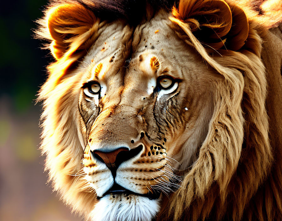 Majestic lion with vivid mane and piercing eyes in soft-focus background