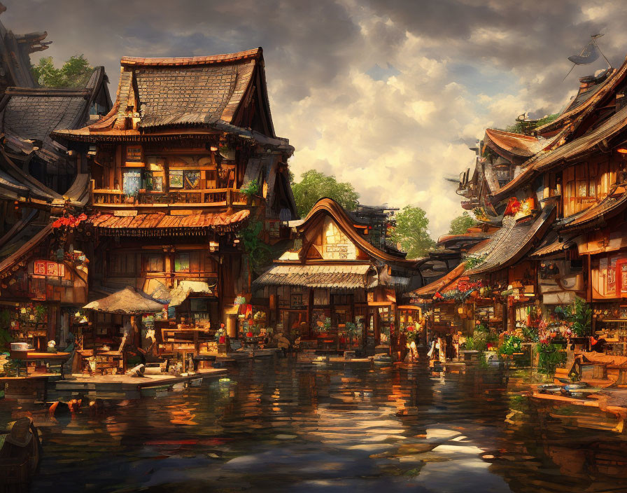 Traditional Asian Water Town with Wooden Buildings and Red Lanterns