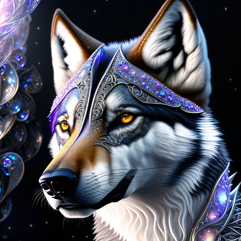 Detailed Digital Artwork: Wolf Head with Vibrant Eyes & Ornate Headgear