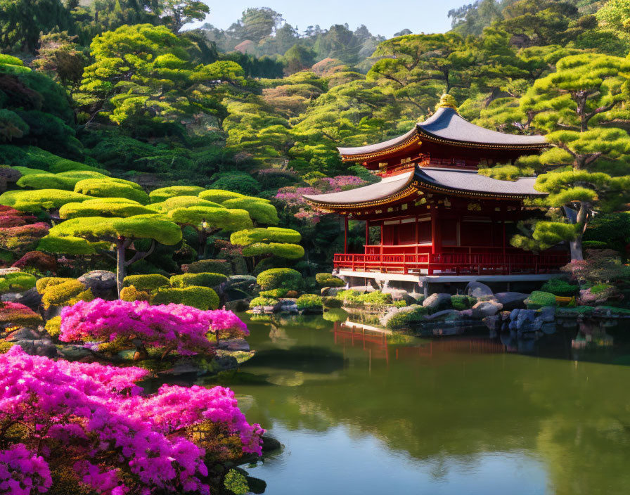 Japanese garden with greenery, pond, pink flowers, and red pagoda