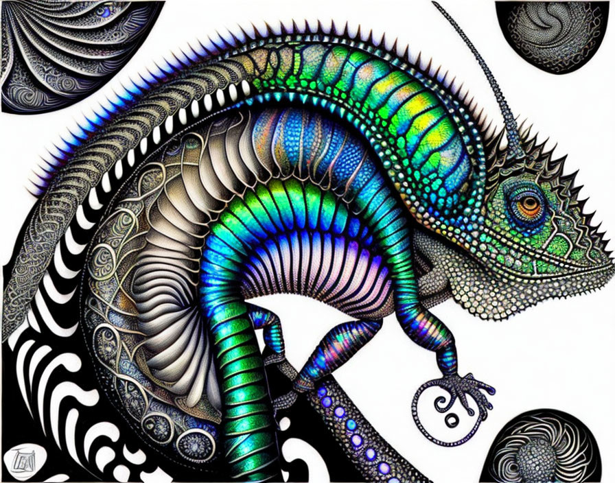 Colorful Chameleon Artwork with Swirling Patterns on Black Background