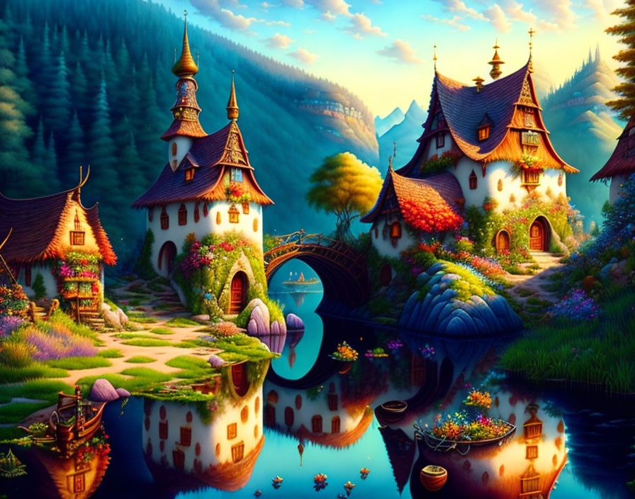 Fantastical landscape with whimsical cottages, reflective river, and misty mountains