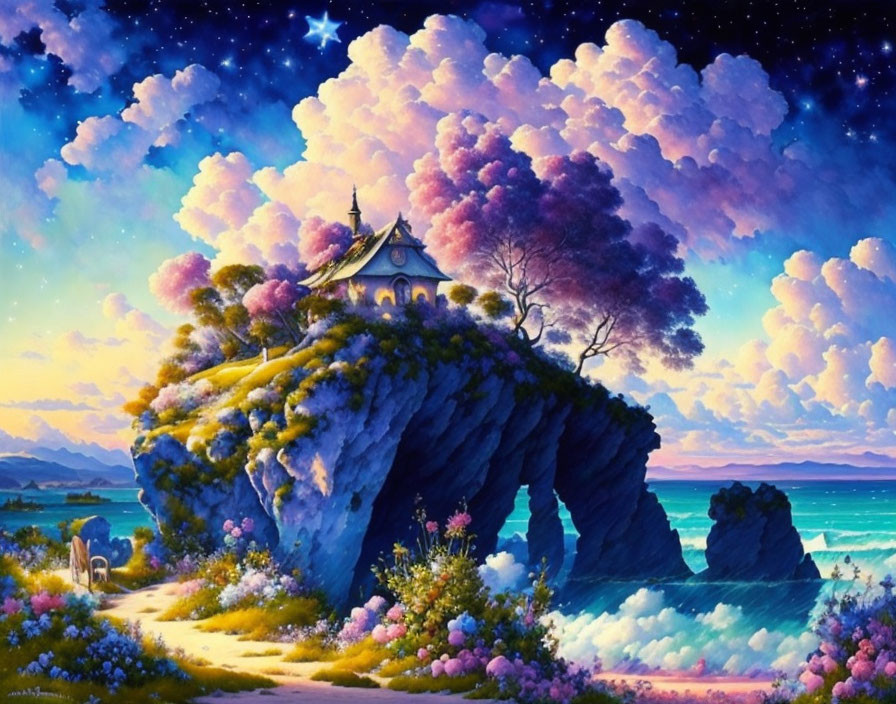 Colorful whimsical landscape with starry sky, pink clouds, rock formation, pagoda, lush