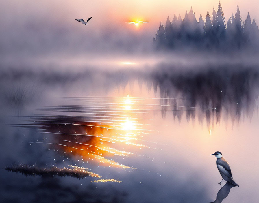 Misty lake sunrise with tree reflections and birds in the scene