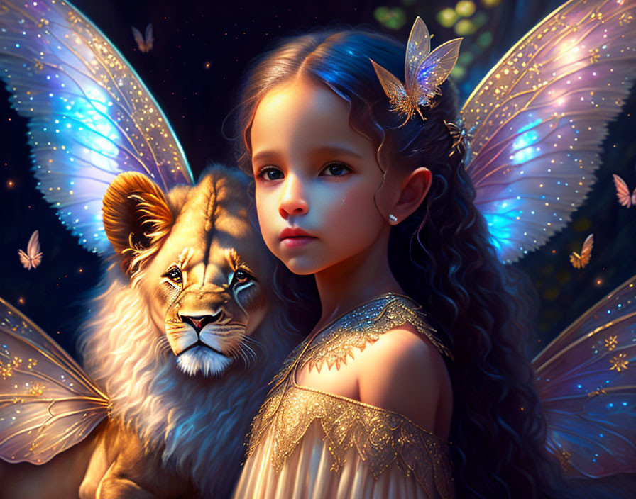 Young girl with elfin features and butterfly wings interacting with majestic winged lion in twilight scene.