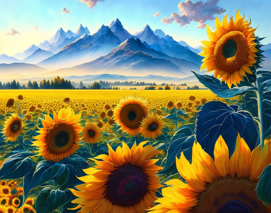 Sunflower Field Painting with Mountains and Golden Sky