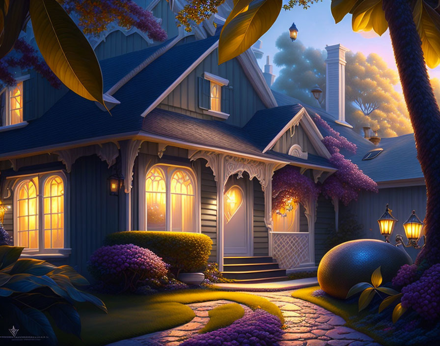 Twilight cottage with glowing windows and purple flowers