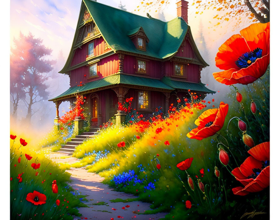 Quaint house surrounded by red poppies and lush greenery