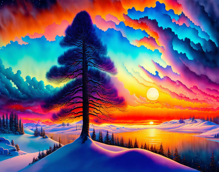 Surreal landscape with large tree, sunset, and tranquil lake