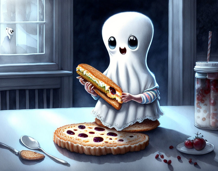 Cartoon ghost making sandwich with jam and tomatoes at night