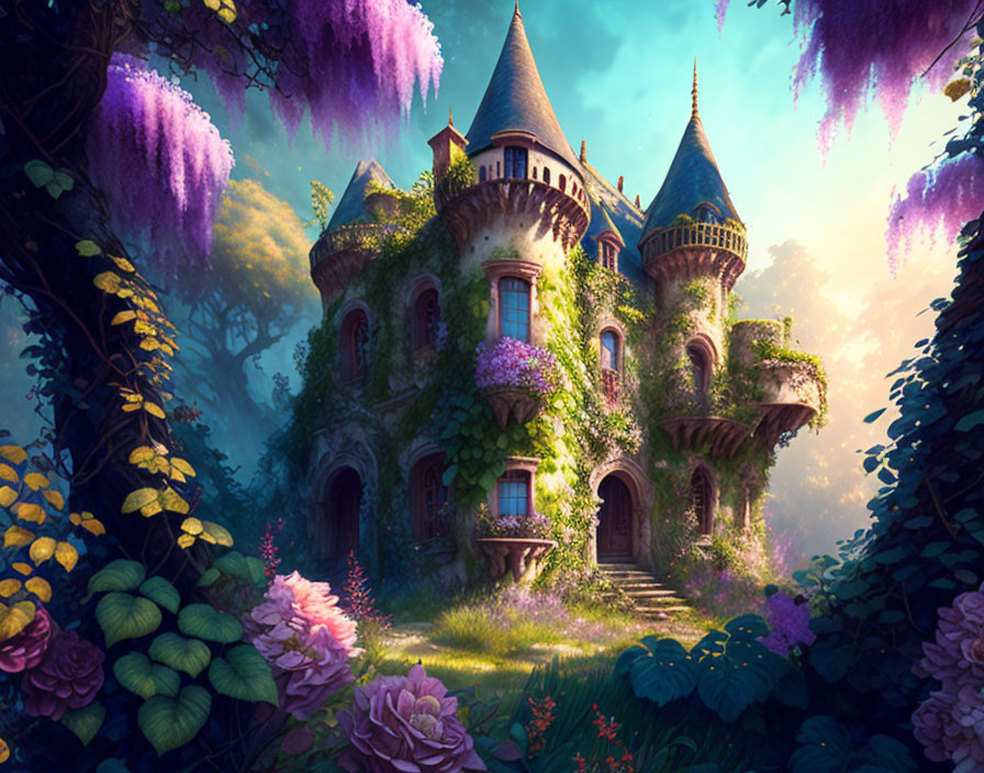 Fairytale Castle in Lush Forest with Wisteria and Flowers