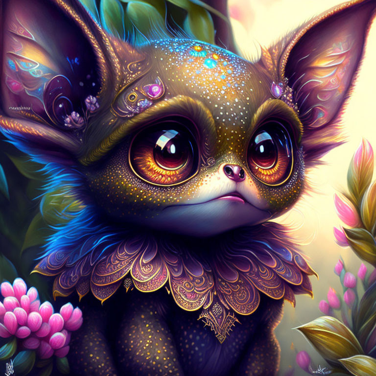 Fantastical creature with large eyes, jeweled ears, and feather-like fur