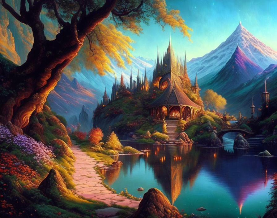 Fantasy landscape with ornate building, lake, stone pathway, and snow-capped mountain