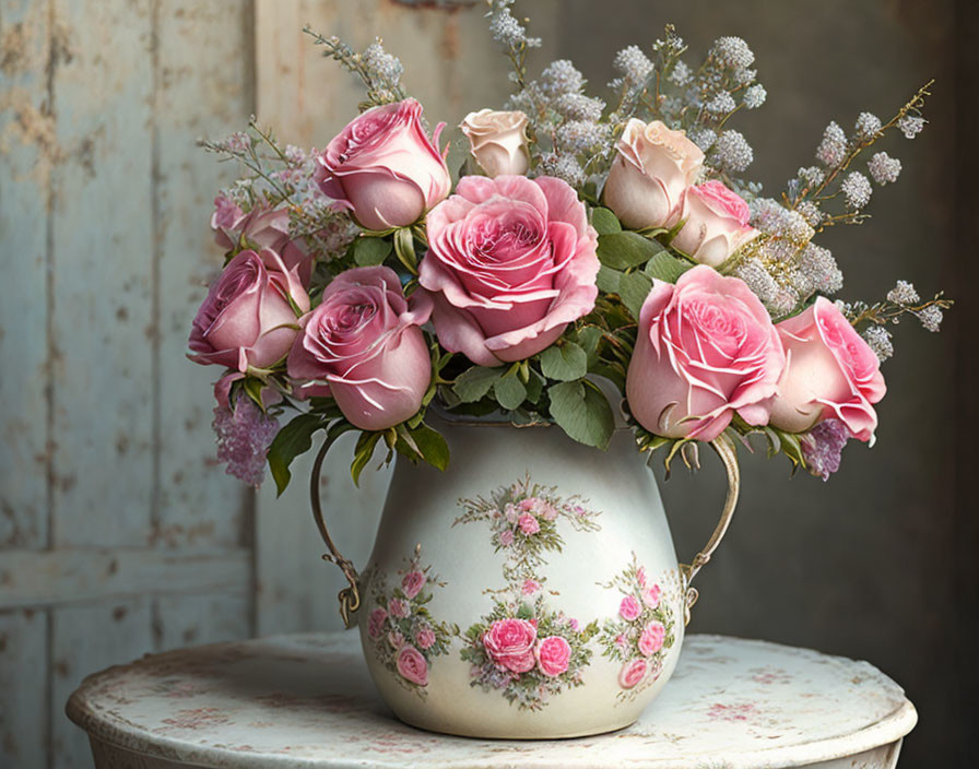 Vintage Vase with Floral Patterns and Pink Roses on Rustic Table