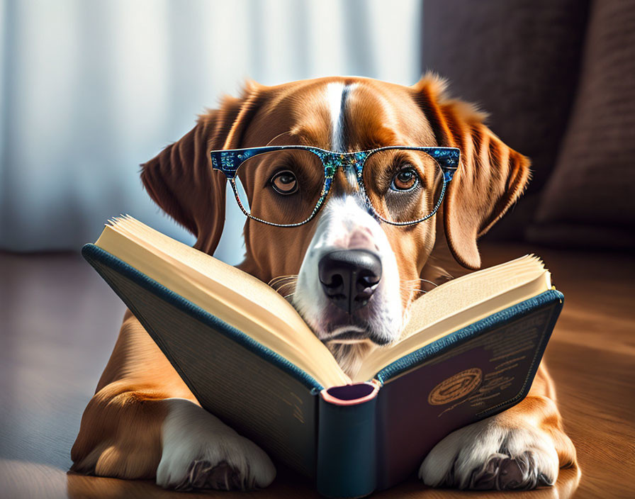 Beagle with Blue Glasses Reading Book on Wooden Floor