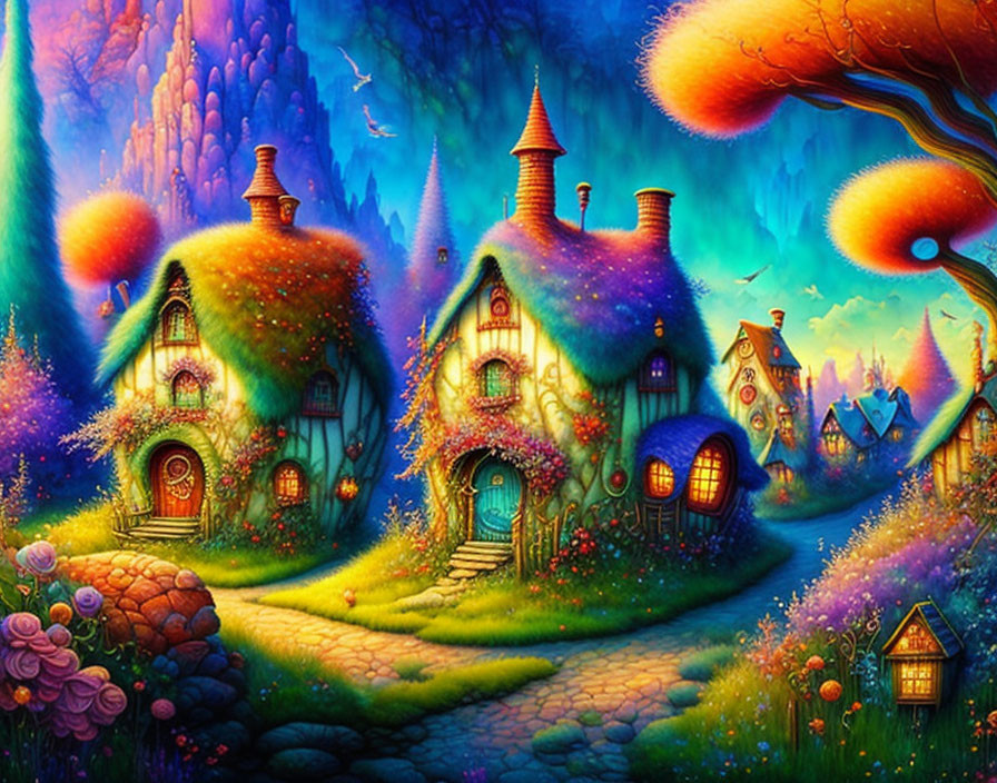 Fantasy Landscape with Whimsical Cottages and Oversized Mushrooms