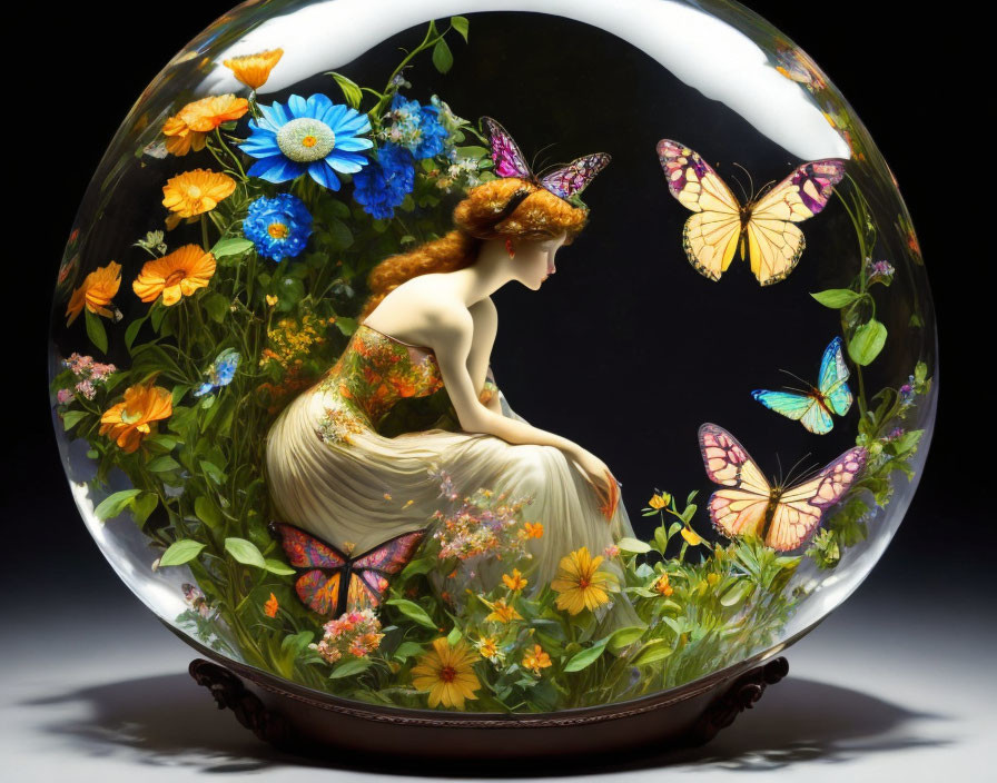 Fantasy image of woman with butterfly wings in transparent sphere