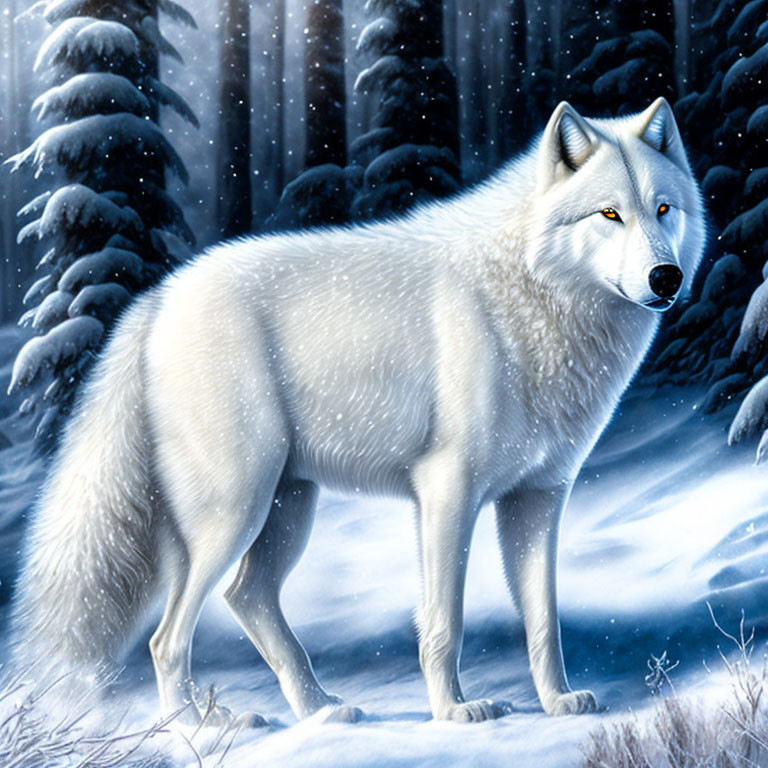 White wolf in snowy forest with falling snowflakes and dark trees