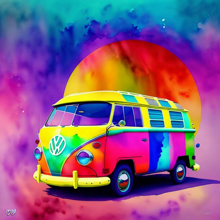 Colorful Psychedelic Volkswagen Van Illustration on Rainbow Background