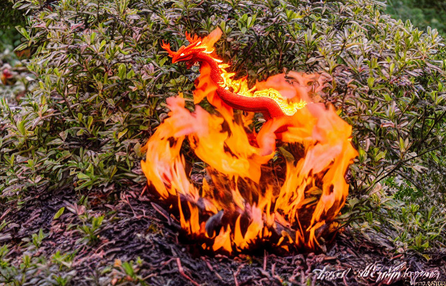 Red and Yellow Dragon Figurine Engulfed in Flames Among Green Shrubs