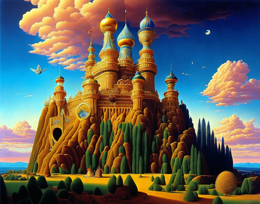 Vibrant castle with onion-shaped domes in lush greenery under colorful sky