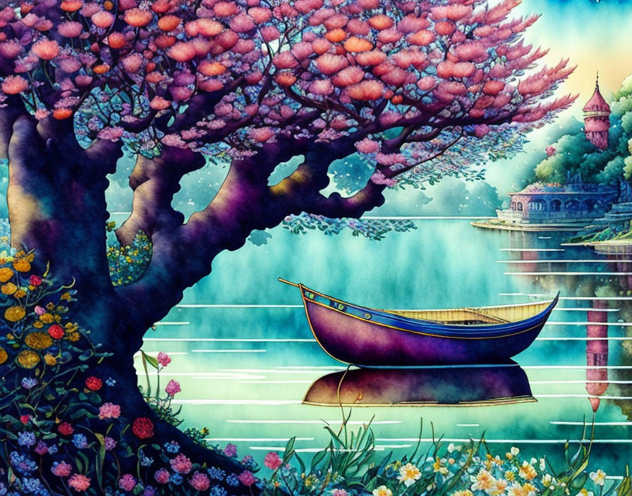 Colorful illustration: Blossoming tree, serene lake, boat, misty castle in fantastical landscape