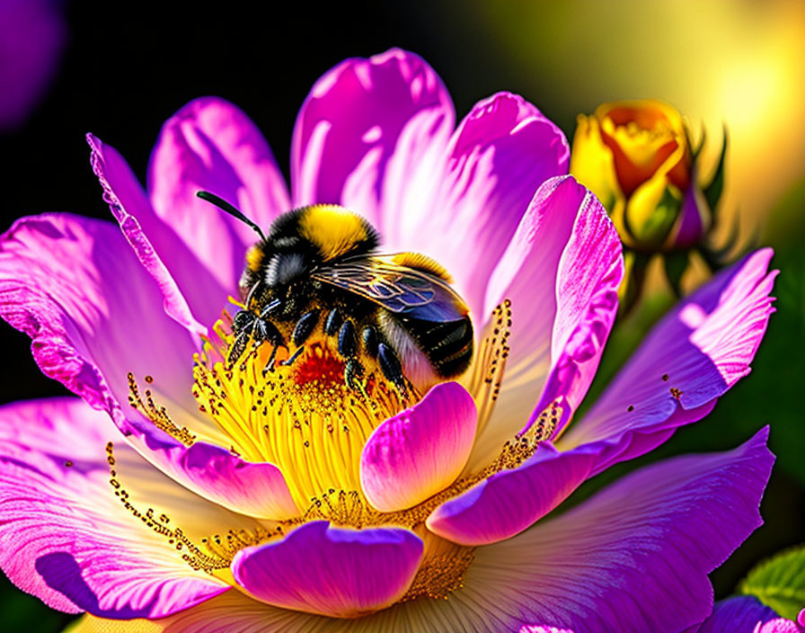 Bee collecting pollen on vibrant pink and yellow flower.