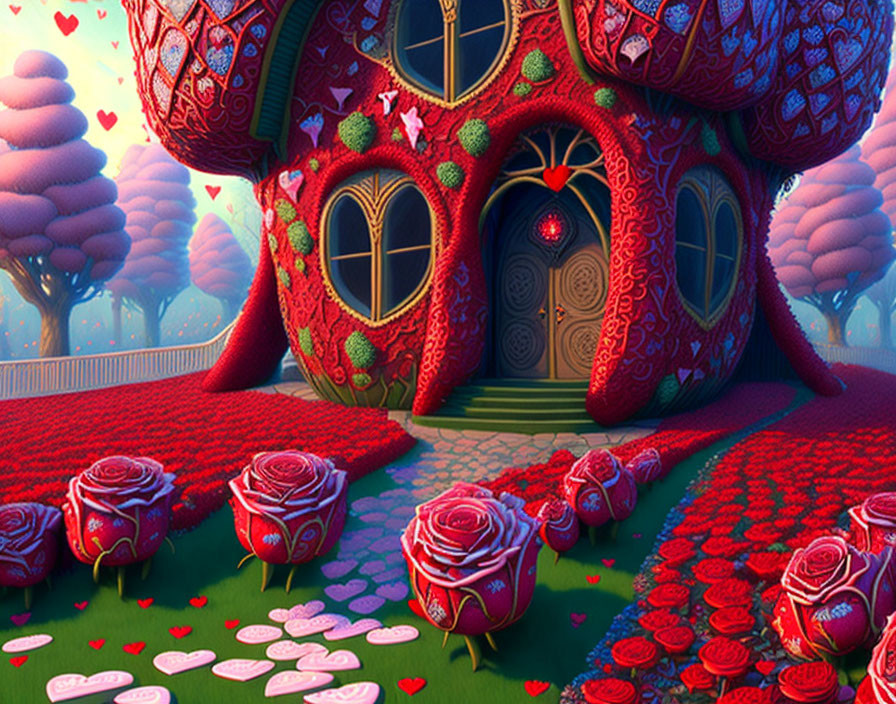 Whimsical treehouse with heart designs and red roses