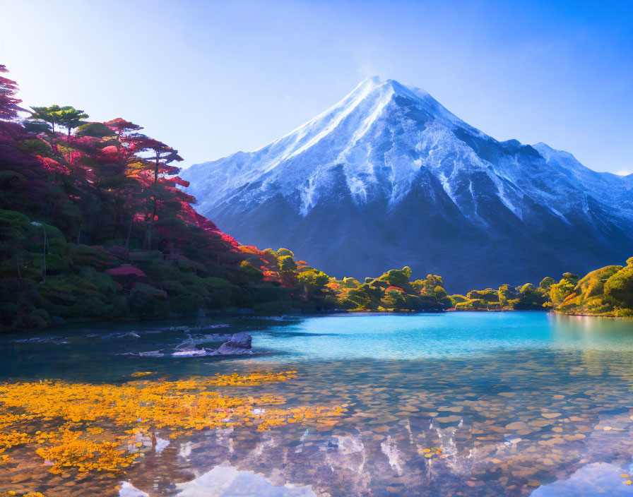 Majestic snow-capped mountain above autumn forest and blue lake