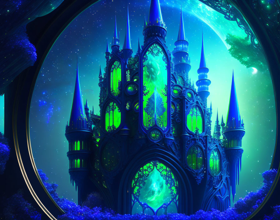 Glowing otherworldly castle against starry sky and green nebula in circular portal