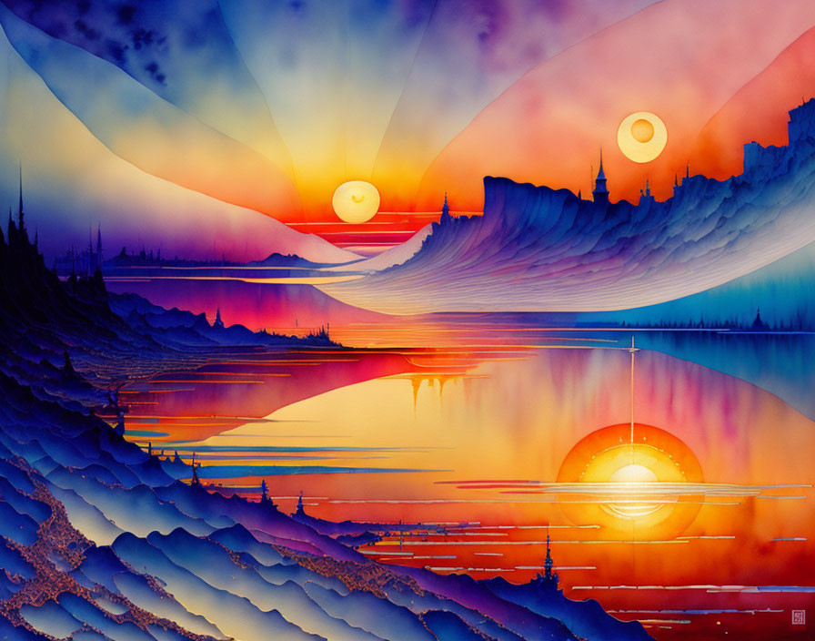 Colorful Landscape Painting with Multiple Suns and Silhouetted Terrain