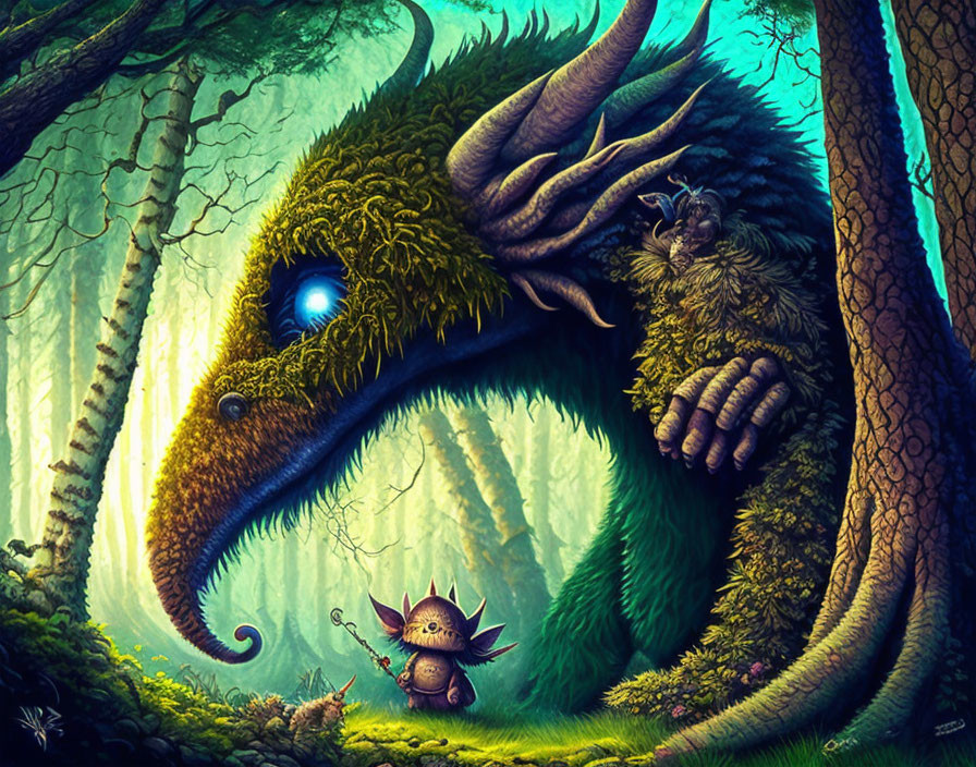 Whimsical forest scene with moss-covered creature and glowing blue-eyed character