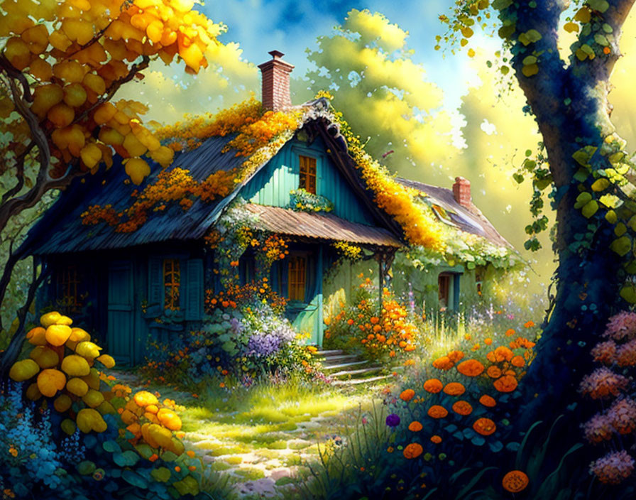 Charming cottage in magical woodland with vibrant flowers and golden light