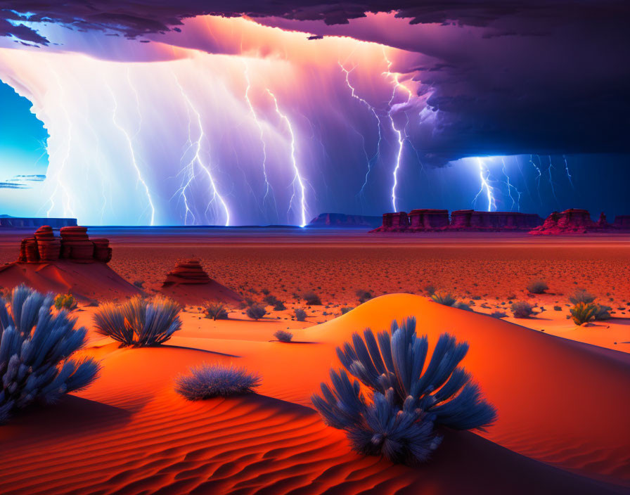 Dramatic desert landscape at twilight with lightning strikes