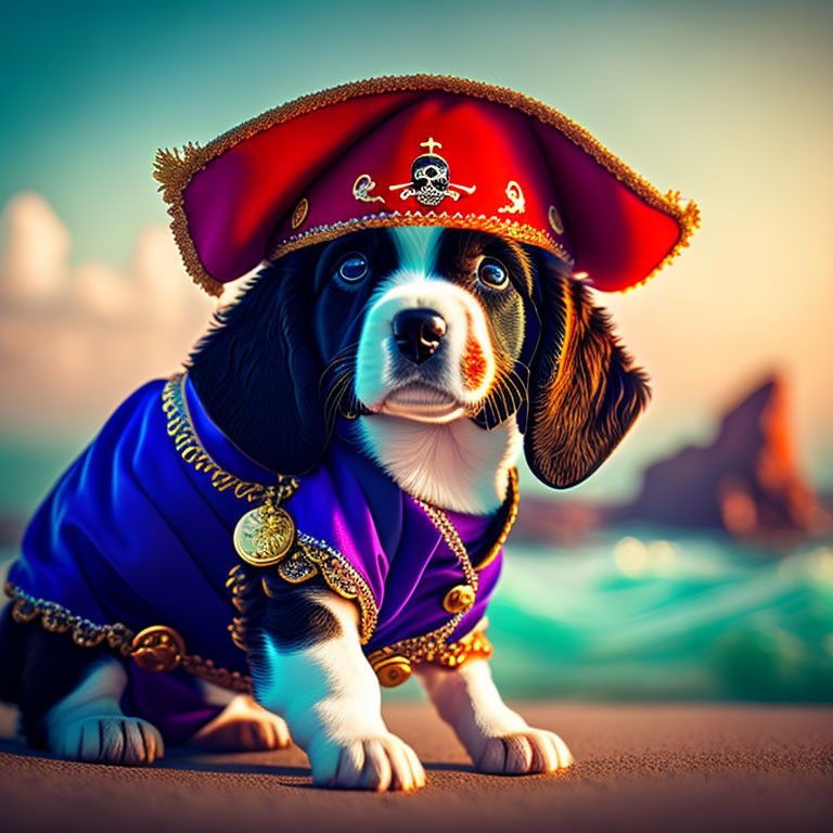 Adorable Pirate Puppy in Red Hat and Purple Coat