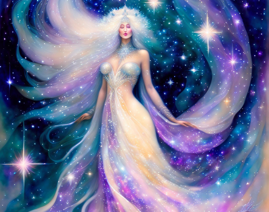 Celestial woman with flowing hair and gown blending into starry night sky