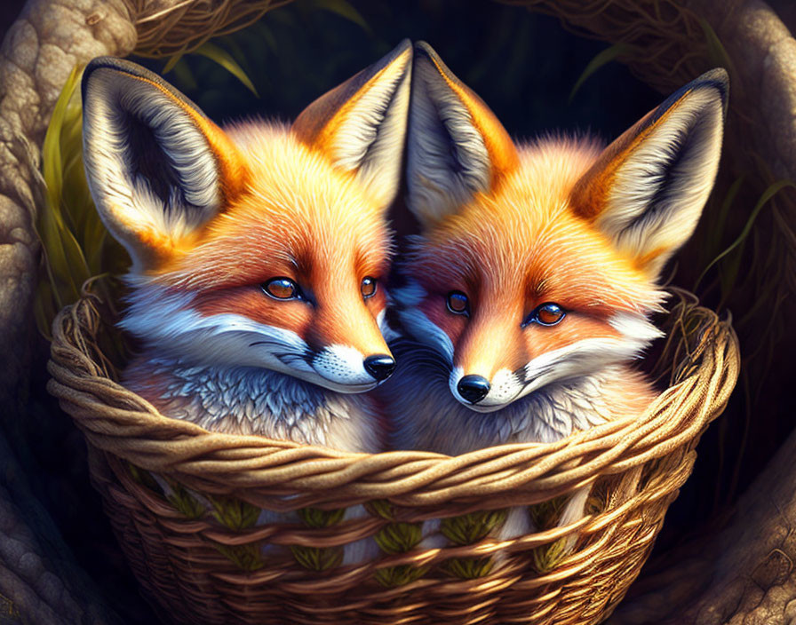 Two Foxes Cuddling in Basket Surrounded by Leaves