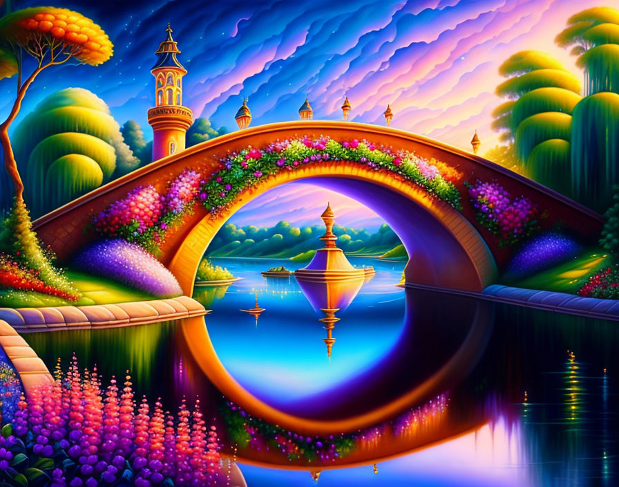 Colorful Bridge Over Reflective Water in Vibrant Surreal Landscape