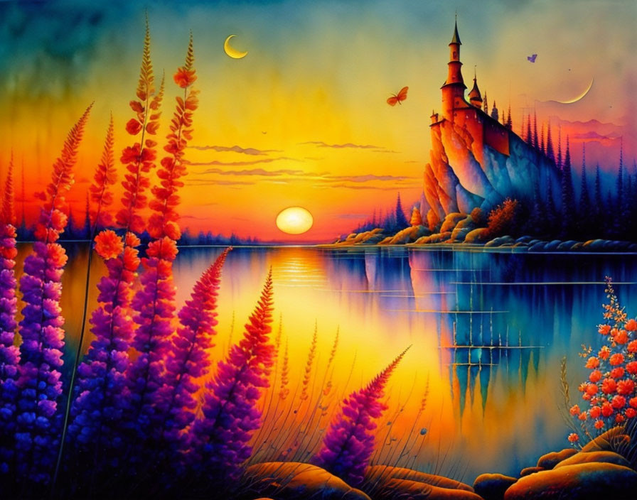 Colorful sunset castle painting with lake reflection, flora, crescent moon, and birds in vivid sky