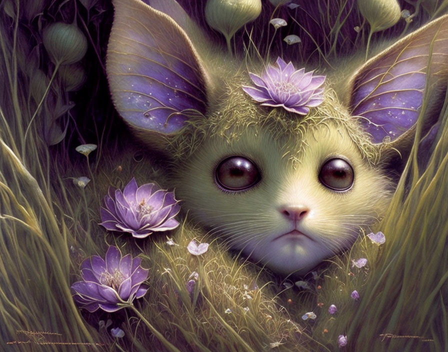 Whimsical green furry creature with rabbit-like ears in tall grass