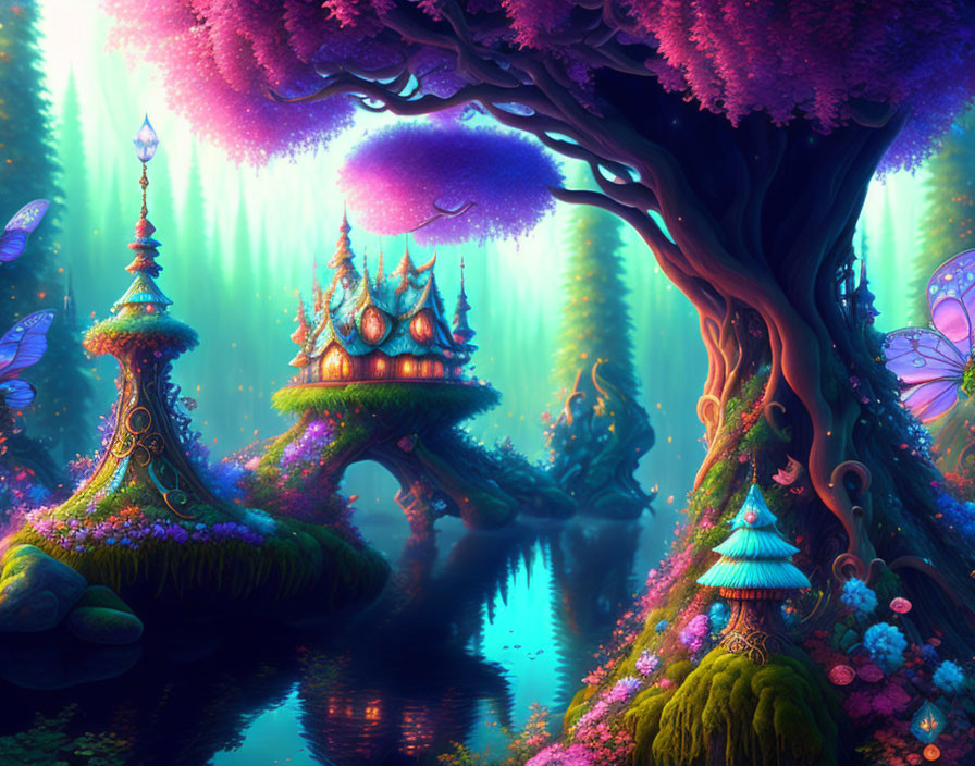 Enchanting Fantasy Forest with Luminescent Trees and Glowing Mushrooms