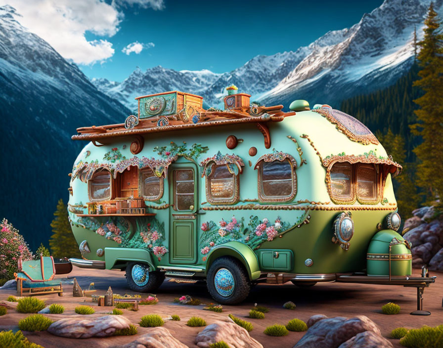 Vintage Green Caravan with Floral Decorations in Mountainous Landscape