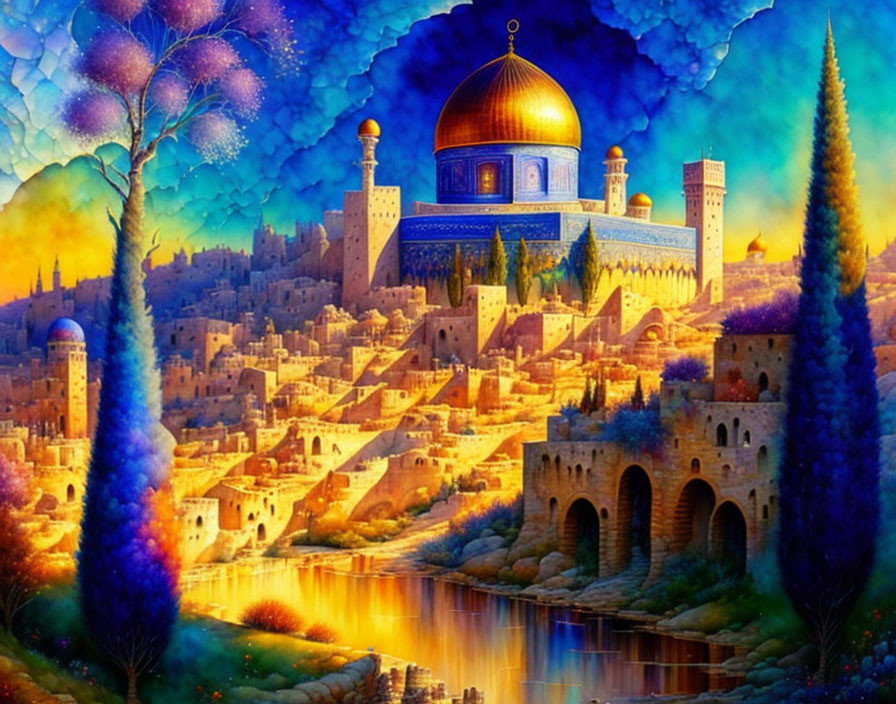 Colorful Middle Eastern cityscape at sunset with golden-domed building