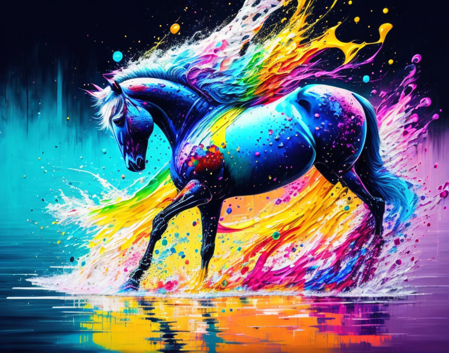 Colorful digital artwork: Horse in dynamic paint splashes