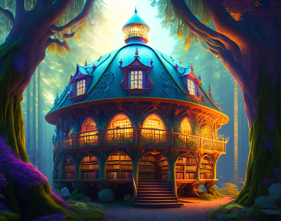 Whimsical multi-story Victorian-style house in enchanted forest