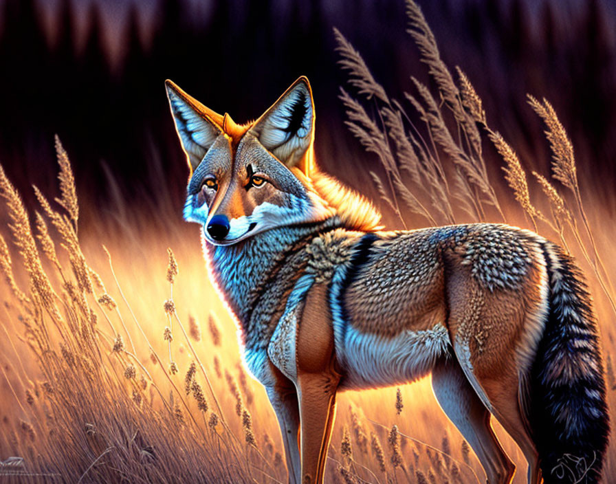 Detailed Painting: Coyote in Golden Grass with Warm Glow