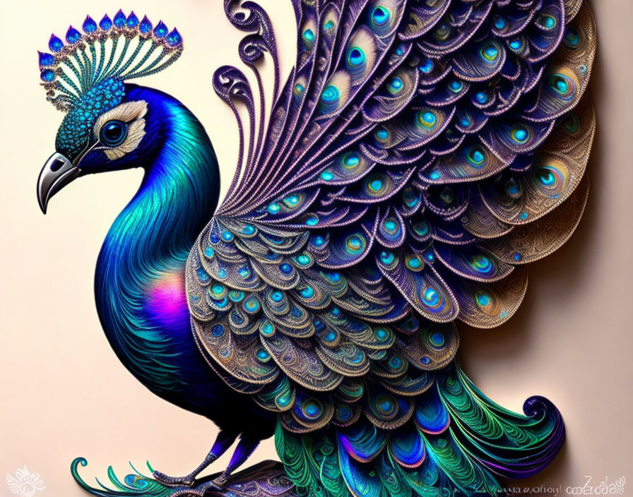 Colorful Peacock Illustration with Elaborate Feathers & Crown