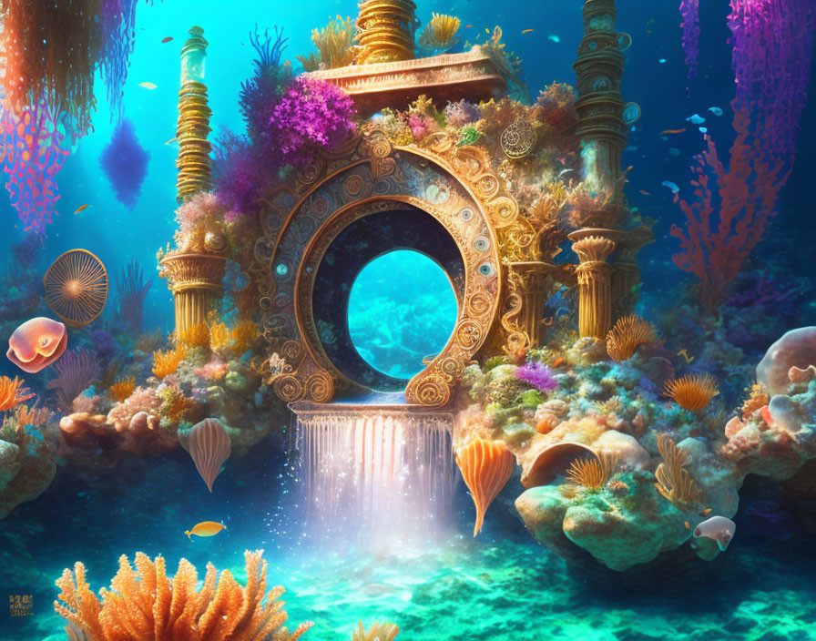 Mystical underwater portal surrounded by marine life