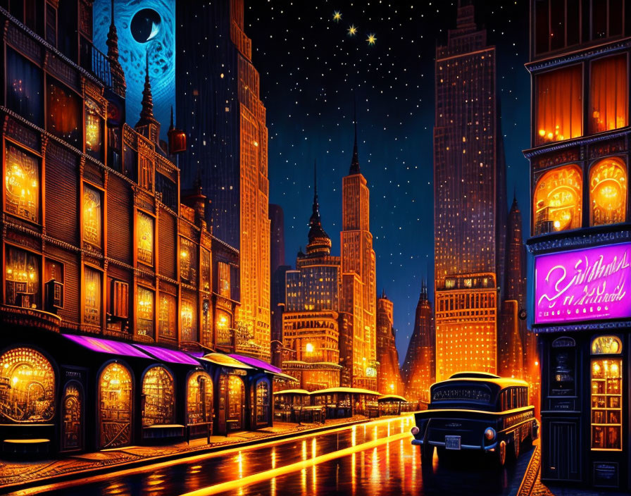 Night cityscape with illuminated buildings, classic car, starry sky, and moon with a face