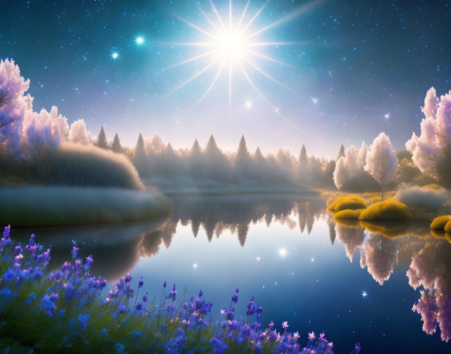 Twilight lakeside scene with purple flowers, misty forests, and shining star